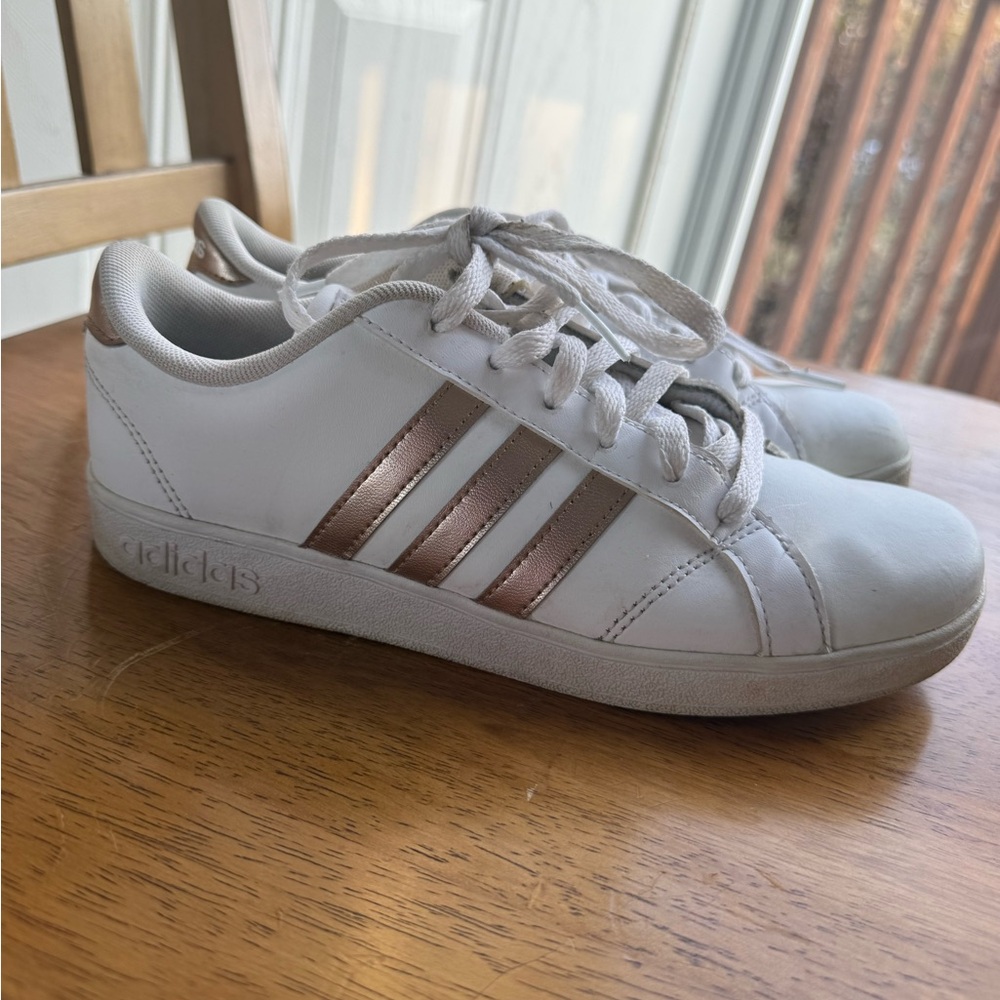 2 for $10 sale: Adidas white with gold accents rounded toe sneakers / 5